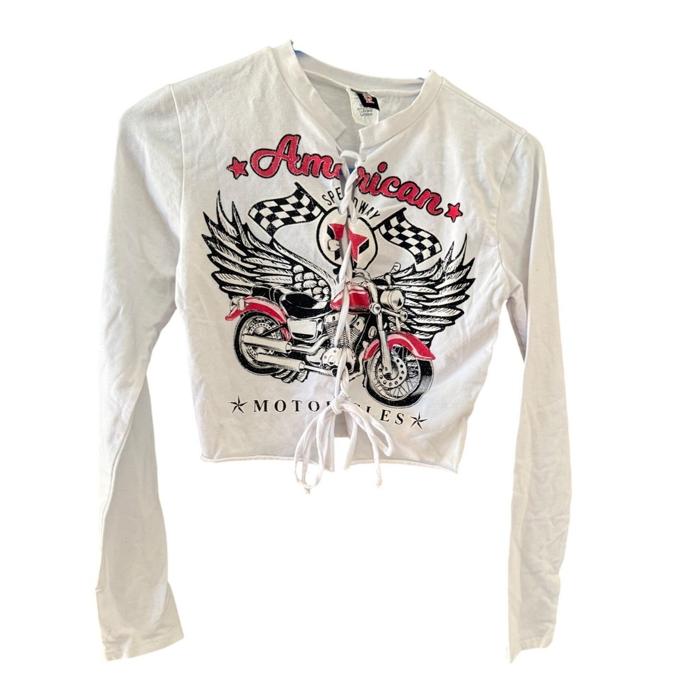 JNK American Speedway Motorcycle Lace Up Crop Top‎ White Long Sleeve S Biker